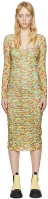 Ganni Printed Mesh Midi Dress In 382 Meadow Celadon G