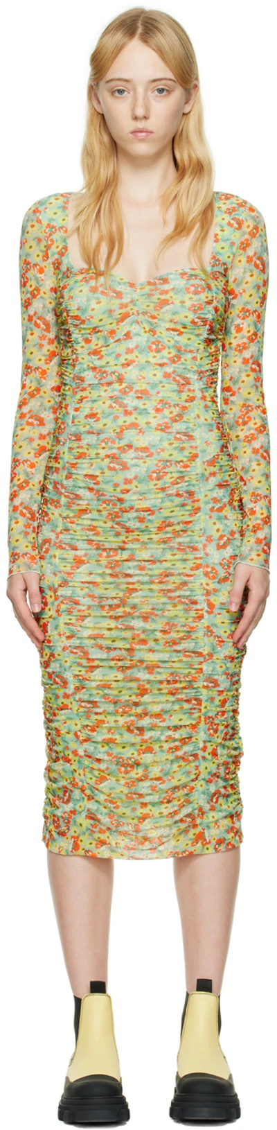 Ganni Printed Mesh Midi Dress In Green,yellow,red