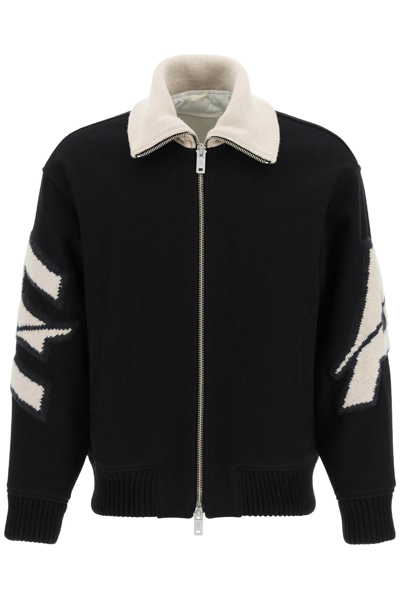 Emporio Armani Wool Blend Jacket With Knit Patches In Black,beige