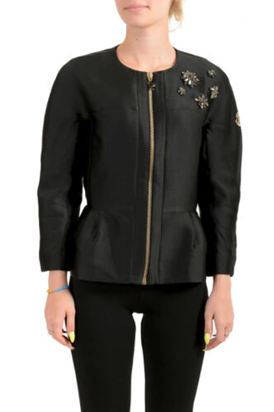 Pre-owned Moncler Women's "ambre" Black Full Zip Embroidered Blazer  Sz 0 Us Xs