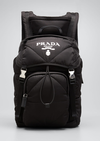 Prada Men's Padded Nylon Logo Backpack W/ Hood In Nero