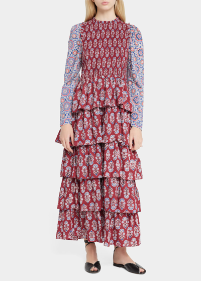 Alix Of Bohemia Shelby Printed Long Sleeve Ruffle Maxi Dress In Mulberry