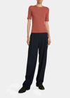 Vince Ribbed Cotton Stripe Elbow-sleeve Tee In Cinnamon/ Blanc
