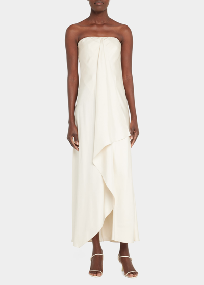 Brandon Maxwell Silk Dress W/ Cascade Front In Pearl