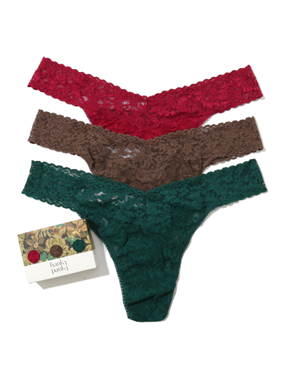 Hanky Panky 3 Pack Plus Size Signature Lace Original Rise Thongs In Printed Box In Ivy,red,cappuccino