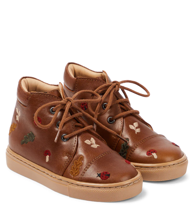 Petit Nord Kids' Embroidered Lace-up Leather Shoes In Hazelnut