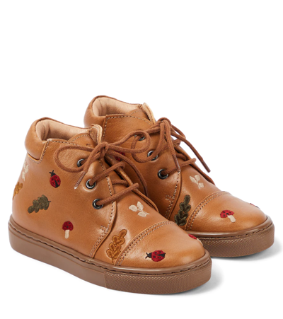 Petit Nord Embroidered Lace-up Leather Shoes In Latte