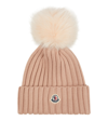 Moncler Wool Rib Beanie With Faux Fur Pompom In Light Pink