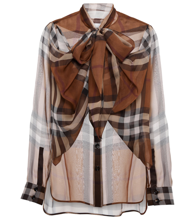 Burberry Birch Check Bow Draped Silk Chiffon Blouse In Dark Birch Brown