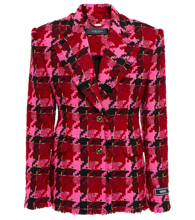 Versace Macro Check Single Breasted Virgin Wool Blend Tweed Blazer In Pink