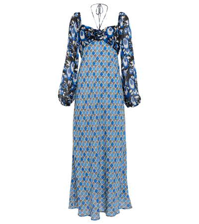Rixo London Blue Jeanie Contrast Print Midi Dress