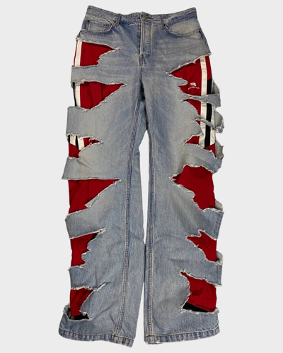 Pre-owned Balenciaga Slashed Jeans In Blue With Red Sporty B Trackpants Layering In Blue/red