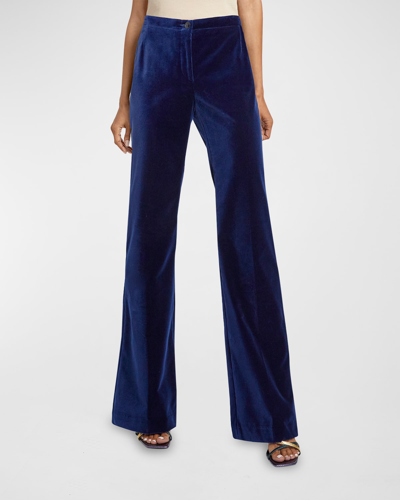 Santorelli Isabella Mid-rise Velvet Flared Trousers In Blue