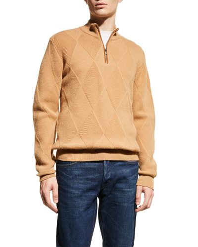 Neiman Marcus Men's Wool-cashmere Argyle Quarter-zip Sweater In Camel
