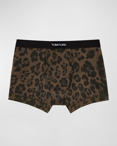 Tom Ford Velvet-trimmed Leopard-print Stretch-silk Boxer Shorts In Black