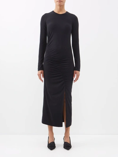 Another Tomorrow Ruched Long-sleeved Jersey Dress In Black