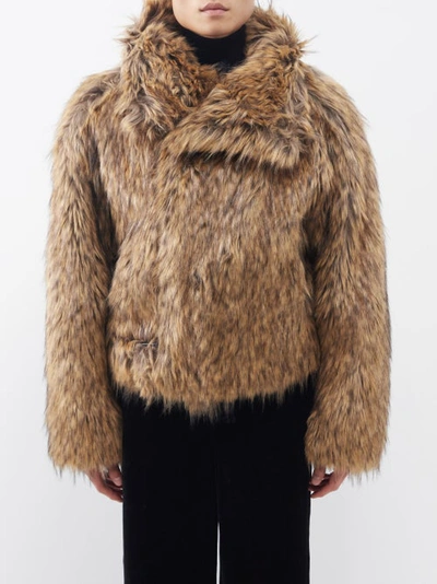 Saint Laurent Asymmetric-collar Faux-fur Jacket In Brown