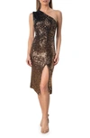 Dress The Population Palmer One-shoulder Sequin Dress In Brown