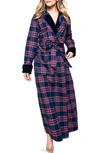 Petite Plume Velvet Trim Long Windsor Tartan Flannel Robe In Navy