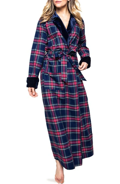 Petite Plume Velvet Trim Long Windsor Tartan Flannel Robe In Navy