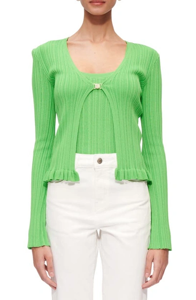 Maje Ribbed Knit Cardigan With Frill In Green