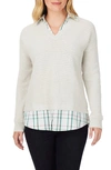 Foxcroft Layered Plaid Trim Cotton Sweater In Ivory Multi
