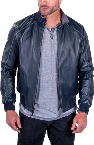 Comstock & Co. Paratrooper Water Resistant Reversible Leather & Nylon Bomber Jacket In Navy