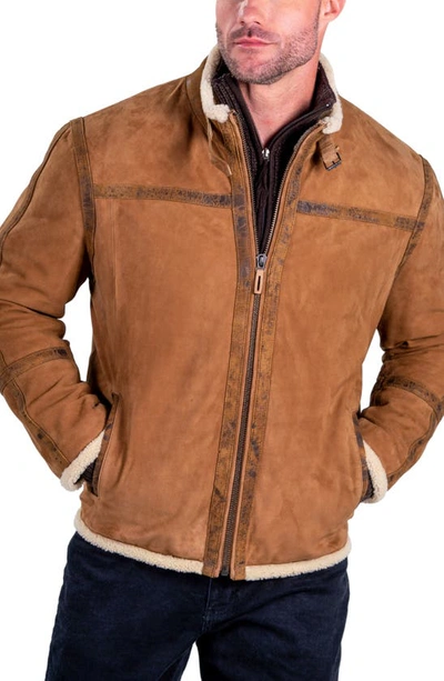 Comstock & Co. Montana Suede Jacket With Genuine Shearling Trim In Fawn