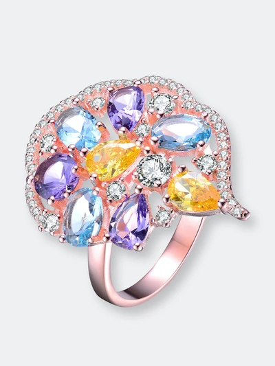 Genevive Sterling Silver Rose Gold Plated Multi Colored Cubic Zirconia Coctail Ring In Purple