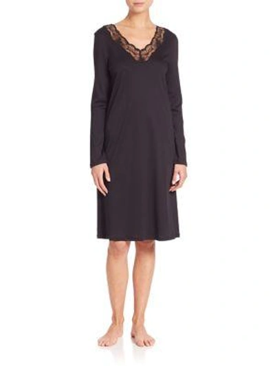 Hanro Valencia Lace-trimmed Long-sleeve Cotton Gown In Black