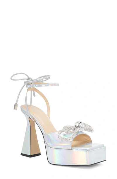 Mach&mach Double Bow Crystal-embellished Iridescent Leather Platform Pumps In Silver