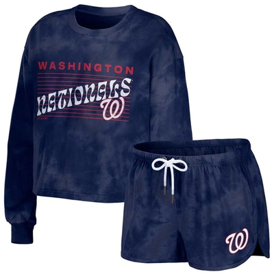 WEAR BY ERIN ANDREWS WEAR BY ERIN ANDREWS NAVY WASHINGTON NATIONALS TIE-DYE CROPPED PULLOVER SWEATSHIRT & SHORTS LOUNGE S