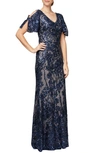 Alex Evenings Sequin Lace Cold Shoulder Trumpet Gown In Navy/nude