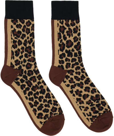 Sacai Brown Leopard Socks In Beige