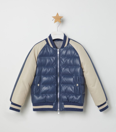 Brunello Cucinelli Leather Varsity Jacket (4-12 Years) In Blue