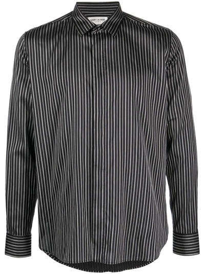 Saint Laurent Striped Long-sleeved Cotton Shirt In Black
