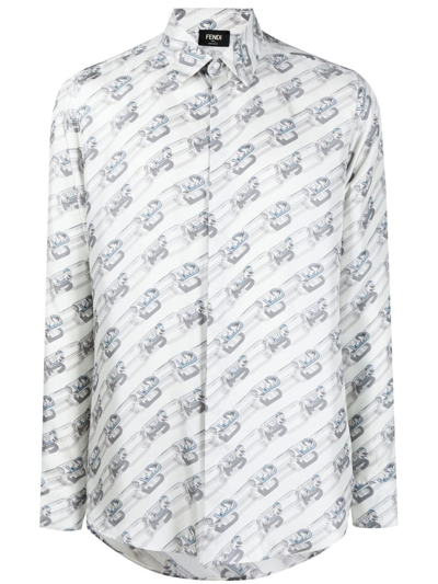 Fendi Logo Chain Print Silk Shirt In White