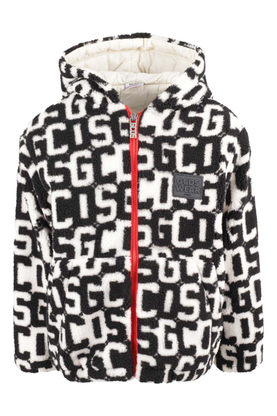 Gcds Mini Kids' Gcds Cappotto Nero E Bianco In Ecoshearling Con Cappuccio In White