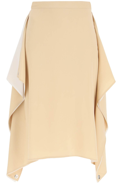 Burberry Double Pure Silk Midi Skirt With Contrast Interior And Draped Panels For Women In Beige