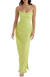 House Of Cb Adrienne Satin Strapless Gown In Lime