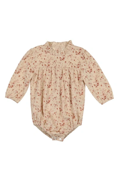 Maniere Babies' Floral Ruffle Neck Corduroy Bubble Romper In Clay