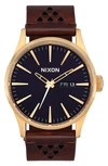 Nixon The Sentry Leather Strap Watch, 42mm In Gold / Indigo / Brown