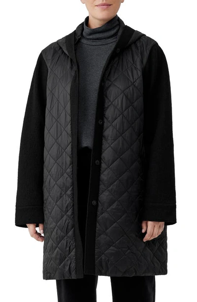 Eileen Fisher Quilted Recyled Hooded Jacket In Black
