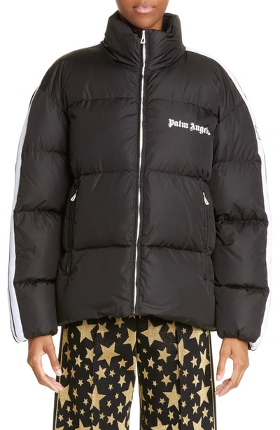 Palm Angels Track Logo Puffer Jacket In Black White