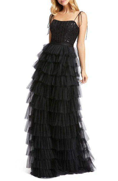 Ieena For Mac Duggal Sequined Tie Bustier Tiered Ruffle Gown In Black