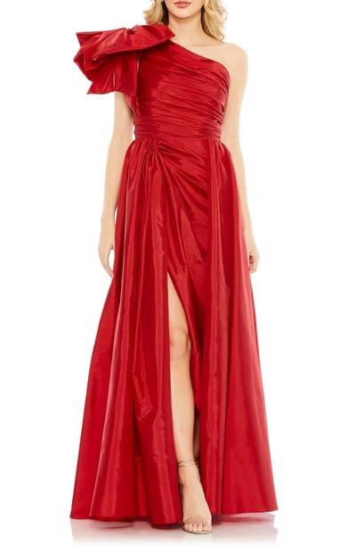 Ieena For Mac Duggal Draped Bow One Shoulder Over Skirt Gown In Burgundy