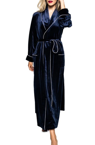 Petite Plume Shawl-collar Velour Dressing Gown In Navy