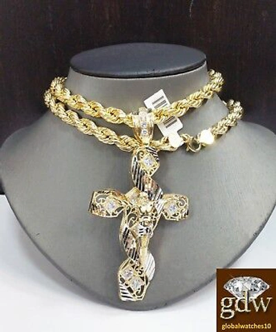 Pre-owned Globalwatches10 Real 10k Yellow Gold Men's Jesus Cross Charm/pendant With 28 Inches Rope Chain.