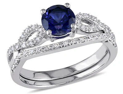 Pre-owned Harmony Lab-created Blue Sapphire 1.0 Ctw Engagement Ring And Bridal Wedding Set Wit In White