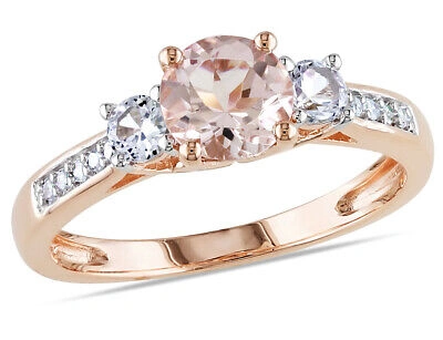 Pre-owned Harmony Morganite And Lab-created White Sapphire Three Stone Ring 1.20 Ctw With Diam